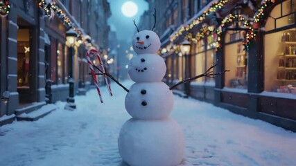 Snowman stands on a snowy street decorated with christmas lights and candy canes in winter scene christmas snowman video - Powered by Adobe