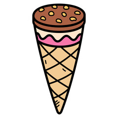 Cartoon Ice Cream Cone with Chocolate Brown Scoop Pink Layer and Waffle Pattern on Transparent Background Isolated