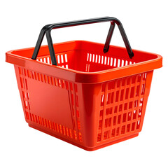 A bright orange rectangular shopping basket with a black handle, set against a dark background