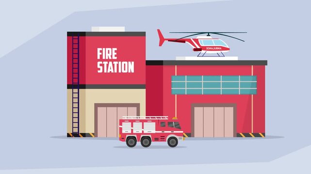 fire station with fire truck and ambulance helicopter, showing emergency services and rescue operations cartoon animation