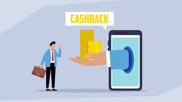 A hand from a mobile phone screen offers a man a cashback reward in the form of gold coins, representing online shopping benefits cartoon animation