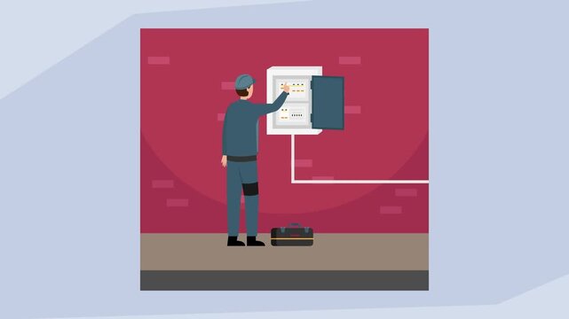 An electrician inspecting and working on an electrical panel in a brick wall, symbolizing home repair and maintenance cartoon animation