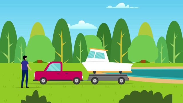 A man standing next to a pickup truck with a boat on a trailer, ready for a day on the water with the boat launch in the background cartoon animation