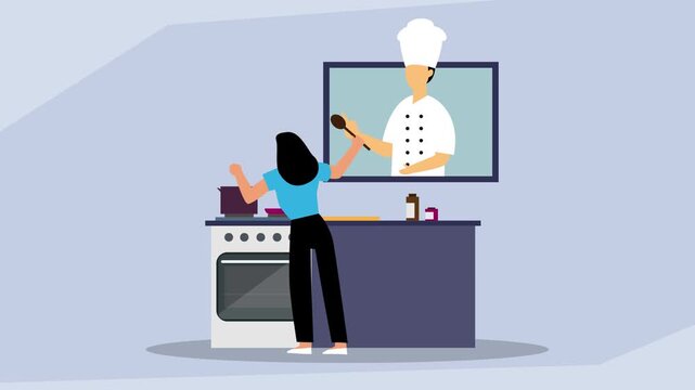 A woman following an online cooking class with a chef on a screen, representing digital learning, culinary education, and remote guidance cartoon animation