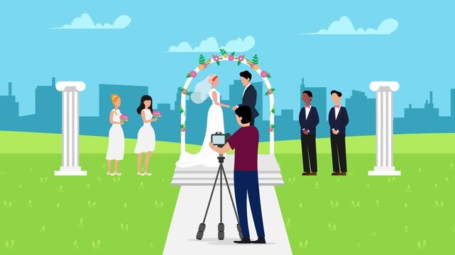 Wedding Ceremony Outdoors with Bride, Groom, Wedding Party, and Videographer/Photographer cartoon animation