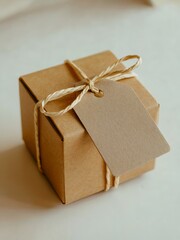 Obraz premium A small, rustic brown cardboard gift box tied with natural twine and a blank kraft paper tag, presented on a soft, textured surface, perfect for packaging, presents, and thoughtful gestures