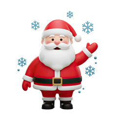 Glossy 3D Vector of Santa Claus Waving Surrounded by Blue Snowflakes Against Transparent Background Festive Joy and Holiday Season Concept