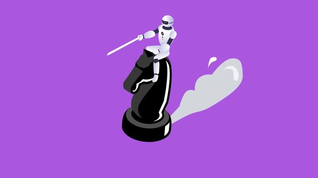 Isometric Robot Knight with Sword Riding a Chess Knight Piece AI Strategy and Technological Advantage Concept 3d animation cartoon