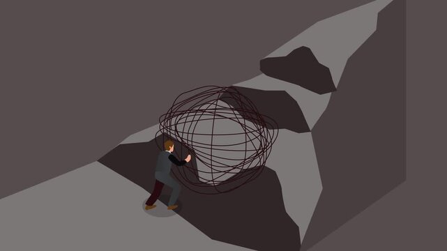 Businessman Pushing a Tangled Ball of Wire or Mess Blocking a Cave Entrance Problem Solving and Obstacle Concept 3d animation cartoon
