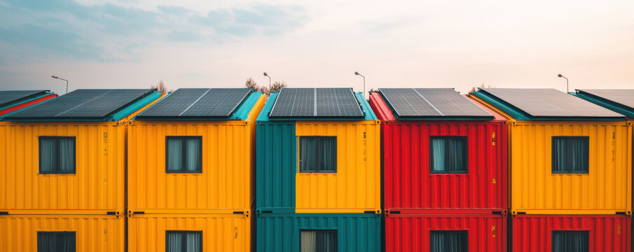 Colorful shipping container hotel with solar panels, eco friendly design, modern windows, and sustainable architecture under cloudy sky