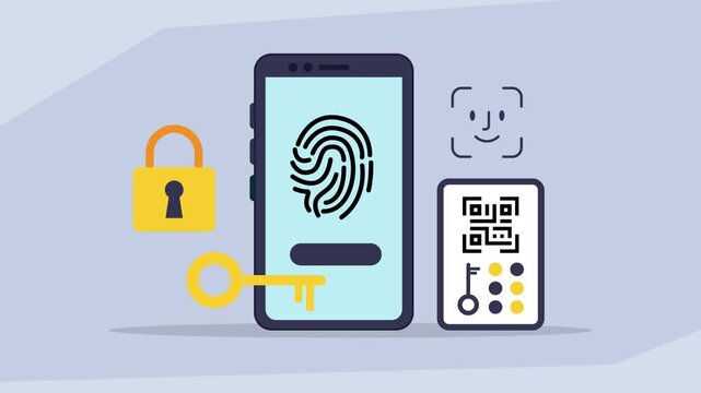 Mobile Security and Multi-Factor Authentication: Fingerprint, Face ID, QR Code, and Lock System cartoon animation