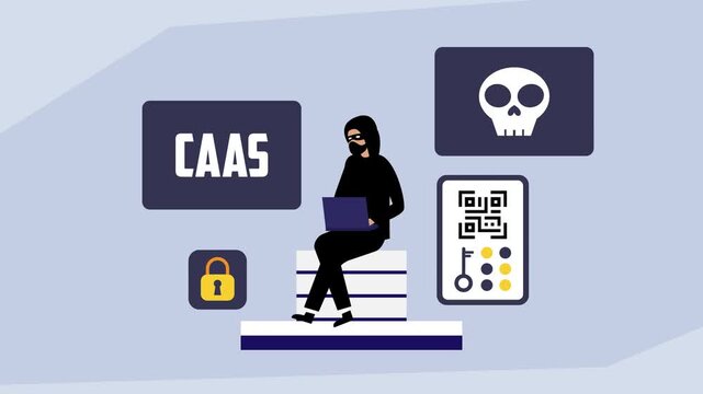 Cybercrime as a Service (CaaS) Concept with Hacker, Laptop, and Digital Security Threats cartoon animation
