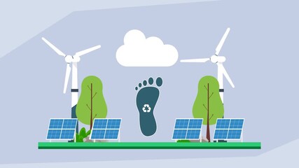 Reducing Carbon Footprint with Renewable Green Energy: Solar Panels and Wind Turbines cartoon animation - Powered by Adobe