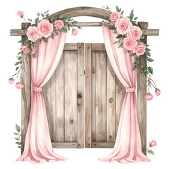 A rustic wooden door arch adorned with pink roses and draping fabric, perfect for a celebration