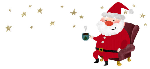 ソファーに座ってくつろぐサンタクロースと星の装飾のクリスマスイラスト