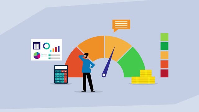 Credit Score or Performance Meter Evaluation. Confused Man Calculating Risk and Financial Data with a Gauge, Calculator, and Stacks of Money cartoon animation