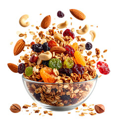 A clear glass bowl overflowing with a mix of granola, nuts, and dried fruit, mid-air