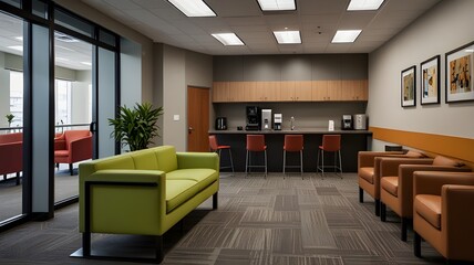 Modern office break room with comfortable seating and a coffee machine