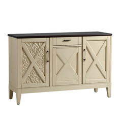 Cream-colored wood cabinet with dark top, X-panel doors, central drawer, and floral carving