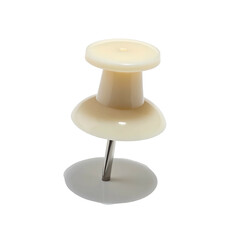 Cream-colored push pin stands upright on a white surface with a sharp, silver-colored point