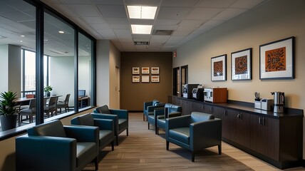 Modern office break room with comfortable seating and a coffee machine