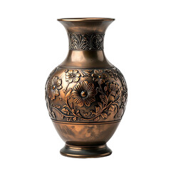 Ornate, aged copper vase with floral relief, detailed carvings, and a dark backdrop