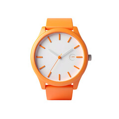 Bright orange wristwatch with a white dial and hands, set against a stark black background