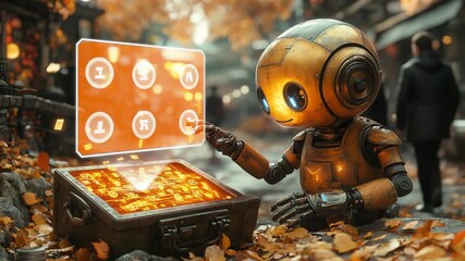 Cute Robot Managing Digital Currency in an Autumn Setting. - Powered by Adobe