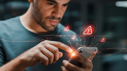 Man interacting with a futuristic holographic interface displaying digital warning signs and alerts