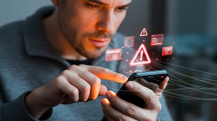 Man using smartphone with glowing digital warning signs and data streams representing cybersecurity threats