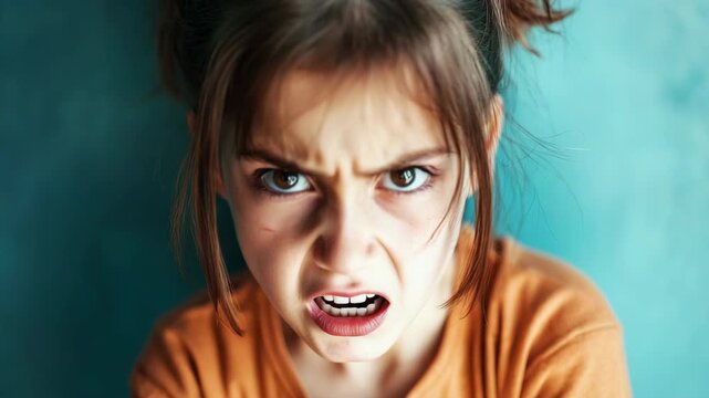 Young girl with angry expression against green background