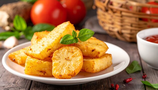 Crispy Golden Fried Cassava Wedges with Fresh Basil and Tomato Sauce on a Rustic Wooden Table