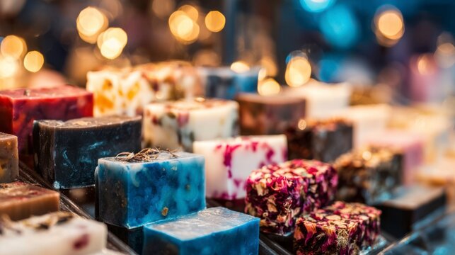 A Vivid Display of Artisan Soaps in Various Colors and Textures, Capturing the Essence of Natural Ingredients, Craftsmanship, and Aromatic Delights