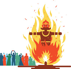 Vibrant pixel illustration capturing the climactic moment of Dussehra celebrations.