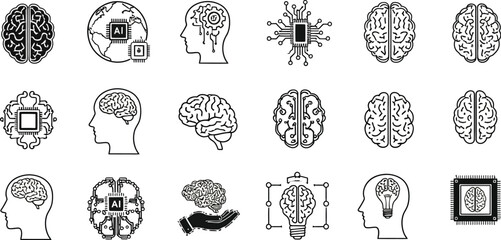 Explore innovative AI concepts with these bold line art brain icons, perfect for technology startups and cutting-edge research presentations and websites