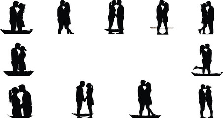 Romantic couple silhouette kissing and hugging, love relationship illustration, Valentine&rsquo;s day theme, emotional affection design for wedding or romantic background