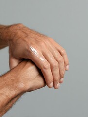 Fototapeta premium A man's hand applies cream to the back of his hand, symbolizing the care of his skin.