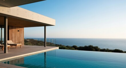 Fototapeta premium Modern oceanside house featuring an infinity pool, patio, wood paneling, and stunning horizon