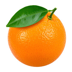 Vibrant, close-up image of a single orange with a green leaf, against a black background