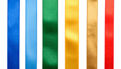 Cut out image of colorful satin ribbons, smooth straight tapes. Blue, green, yellow, golden and red ribbons. Glossy silk ribbons for holiday gift box, decor. 