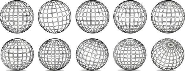 Ten wireframe globe designs on white background offer a modern aesthetic for global business, technology, or design projects with clean presentation