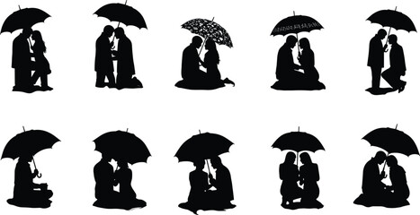 Romantic couple silhouette under umbrella, love protection concept, rainy weather illustration, emotional relationship art, affection and togetherness vector design.Romantic couple 
