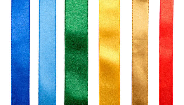 Cut out image of colorful satin ribbons, smooth straight tapes. Blue, green, yellow, golden and red ribbons. Glossy silk ribbons for holiday gift box, decor.  - Powered by Adobe