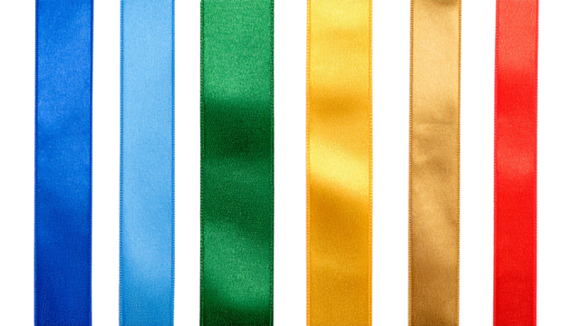 Cut out image of colorful satin ribbons, smooth straight tapes. Blue, green, yellow, golden and red ribbons. Glossy silk ribbons for holiday gift box, decor. 