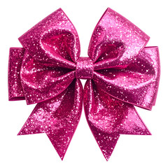 Close-up of a large, sparkly magenta bow with ribbon loops and a central knot against black