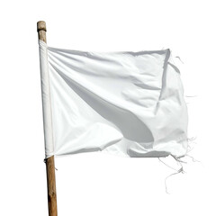 Close-up of a white flag waving, revealing tattered edges against a black background