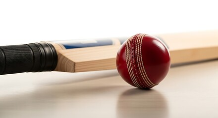 Cricket bat and ball on a light wooden surface, isolated on white background closeup shot of sports equipment for the game of cricket