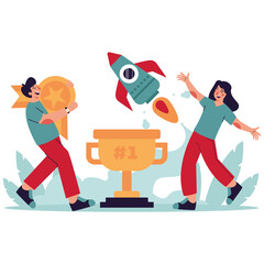 Man and Woman Celebrating Launch with Trophy and Rocket with Transparent Background