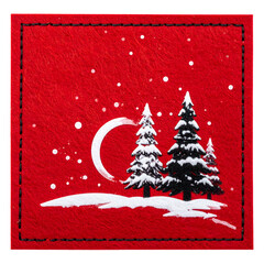 A red square with a snowy landscape, three trees, a crescent moon, and falling snowflakes