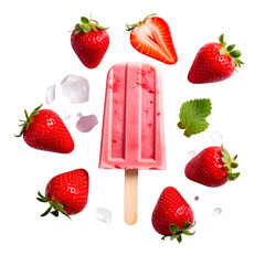 Bright pink fruit popsicle surrounded by fresh strawberries, leaves, and icy drips on black